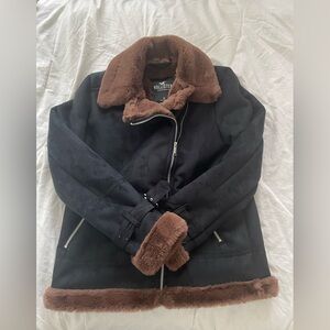 Hollister Womens Black Suede Faux Fur Lined Coat